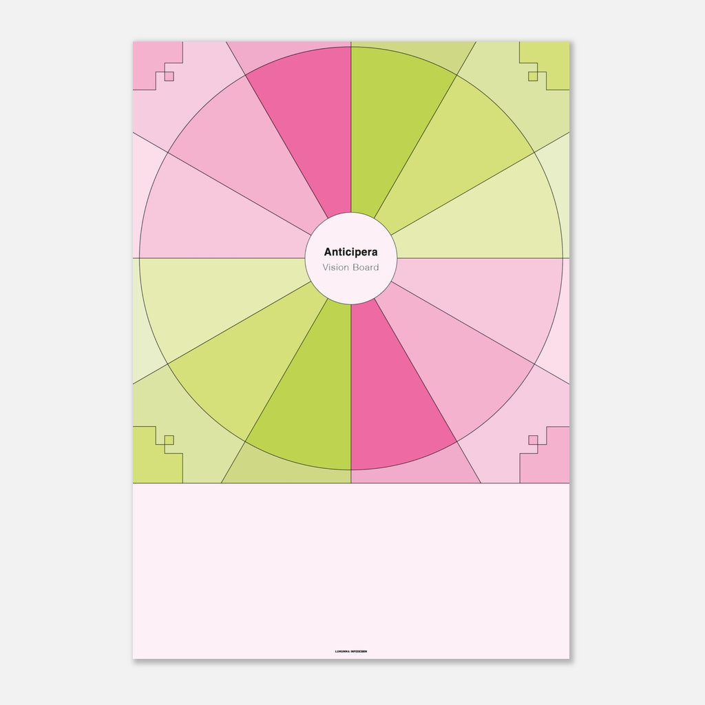 Anticipera Vision Boardi geometrisk stil och färgerna rosa, ljusrosa och limegrön. I mitten står texten Anticipera Vision Board.