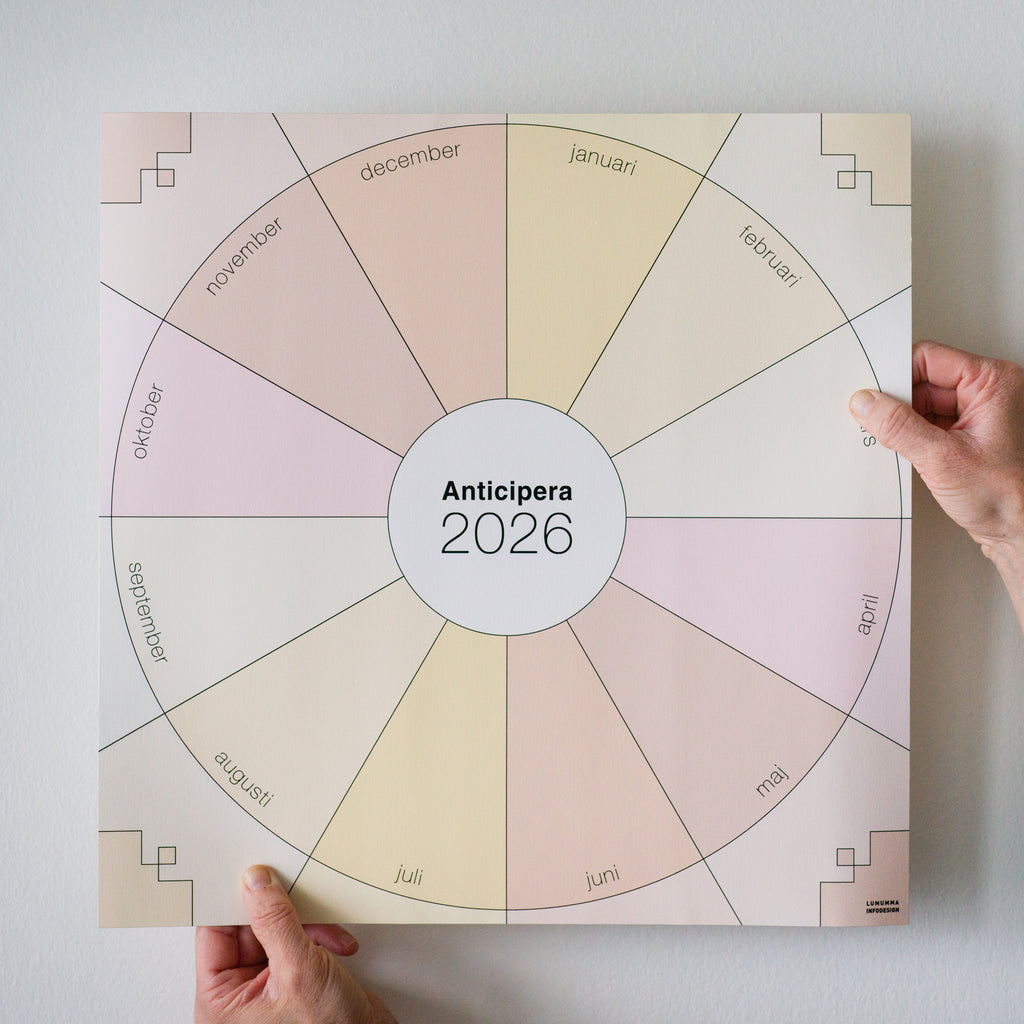 Ett par händer håller en Anticipera Väggplanerare årshjul 2026 i stilen Li med sex olika champagnefärger nära en vit vägg. I mitten står det Anticipera 2026.