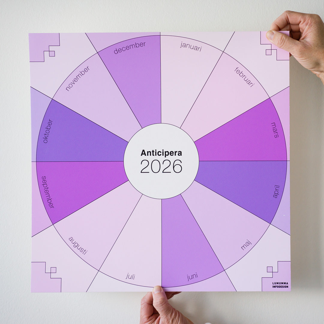 Två händer håller Anticipera Väggplanerare i stilen Cecilia, i olika lila toner, mot en vit vägg. 