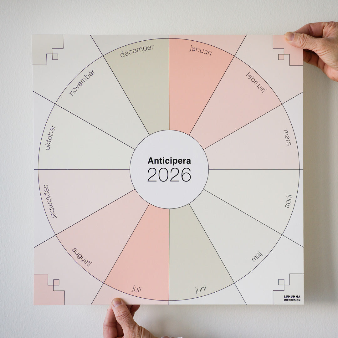 Två händer håller Anticipera Väggplanerare i stilen Elin, i färgerna gråbeige, offwhite och gammelrosa i olika ljushet, mot en vit vägg. 