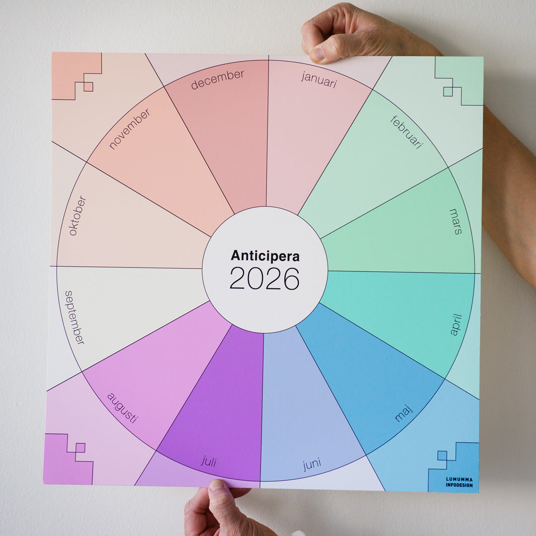 Två händer håller Anticipera Väggplanerare i stilen Joan, i färgerna  lila, offwhite, indigo, blått, turkos och grönt blandat med persika och gammelrosa, mot en vit vägg. 